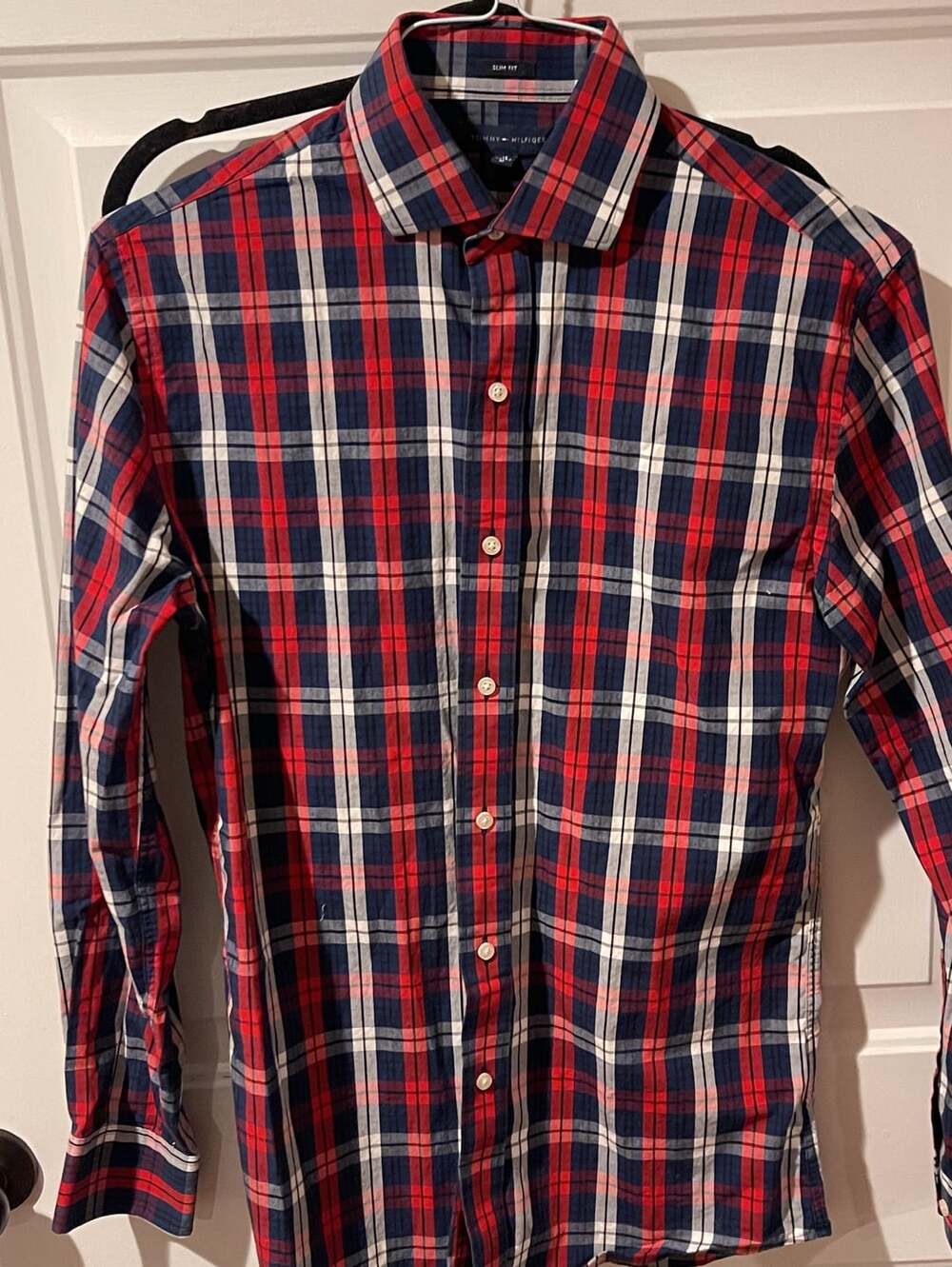 Tommy Hilfiger Slim Fit Plaid Button-Down Shirt Size 15 32-33 M Red Blue